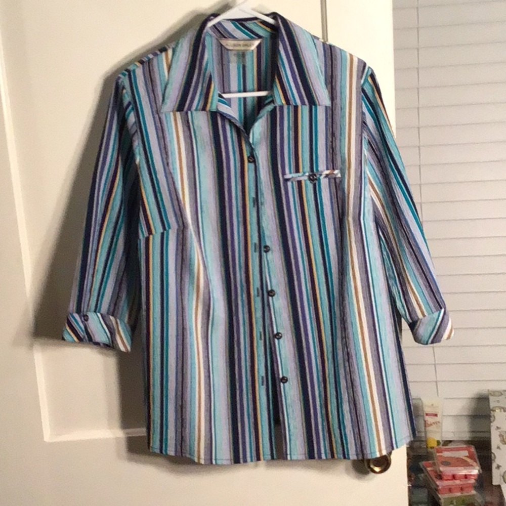 Button up stripped shirt.